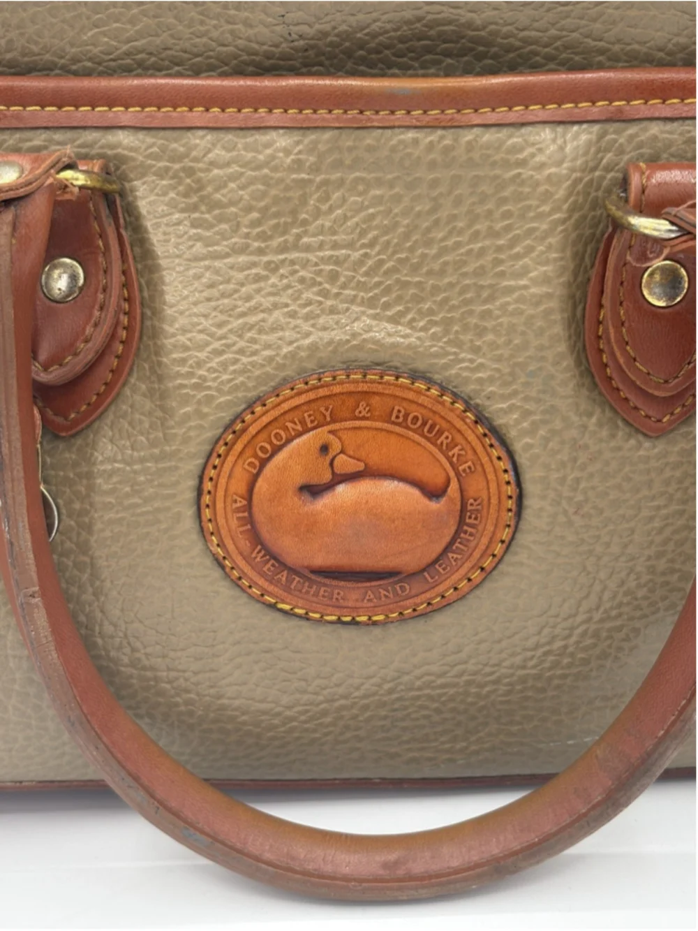Dooney & Bourke Brown Olive Satchel Bag with Logo, Bag Charm, Zip, Gold Hardware